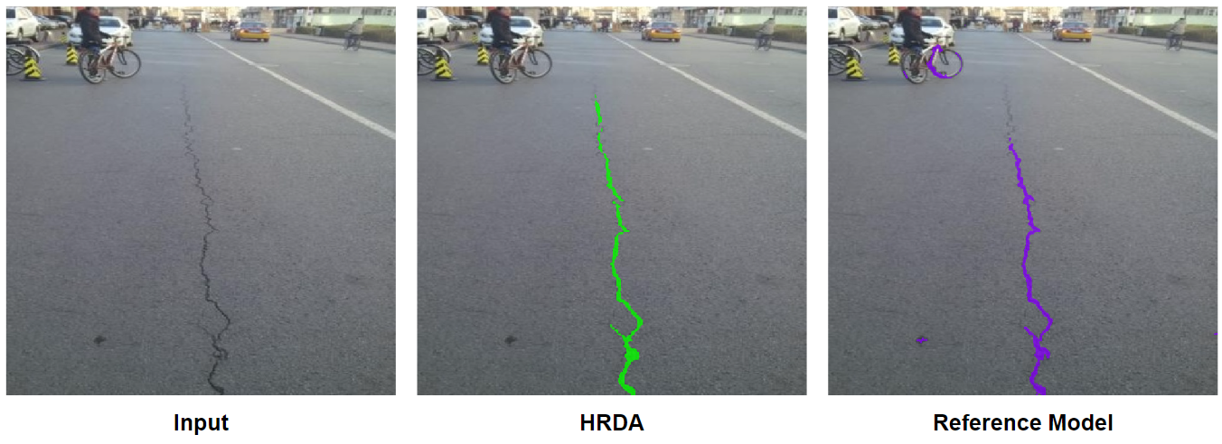 Crack segmentation by HRDA and the reference model, example 3