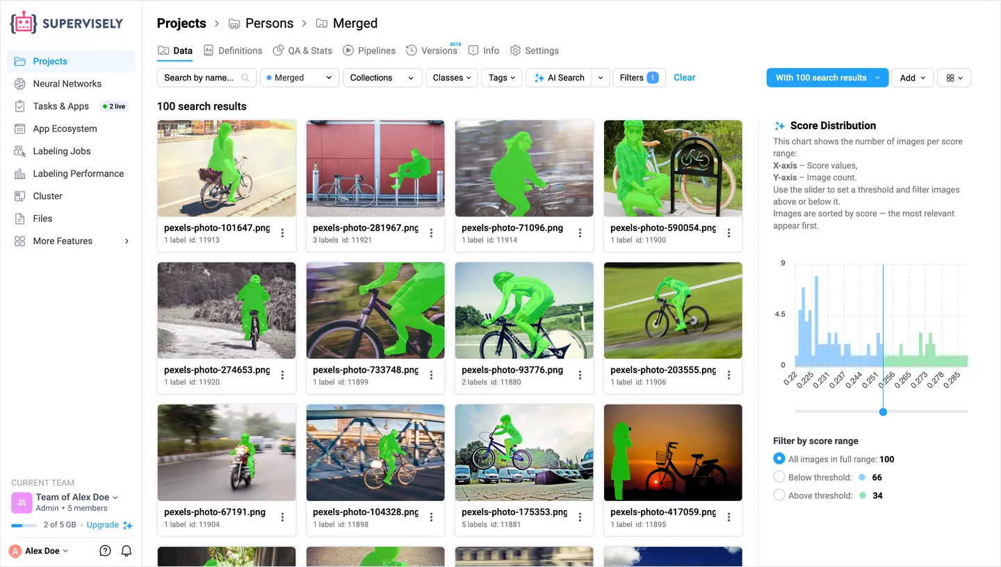 AI Search results in Supervisely for a text prompt, with a chart of similarity scores and a threshold slider