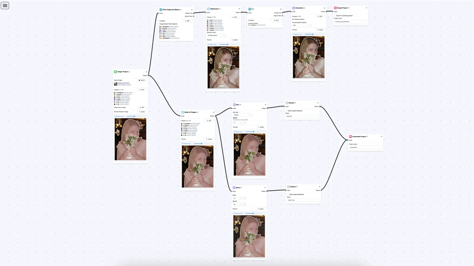 ML Pipelines canvas in Supervisely: a Pascal VOC images project connected to Mask to Polygon, Blur, Noise, Filter Images by Objects, Skeletonize, If and Anonymize nodes, each with an image preview