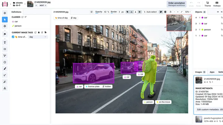 The Supervisely image labeling toolbox, where custom labeling apps open in the Apps panel: cars and a pedestrian labeled on a city street, with the image tags and metadata