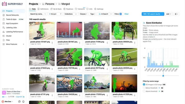 AI Search results in a Supervisely project for “a person riding a bicycle”, with masks on the cyclists and a chart of similarity scores
