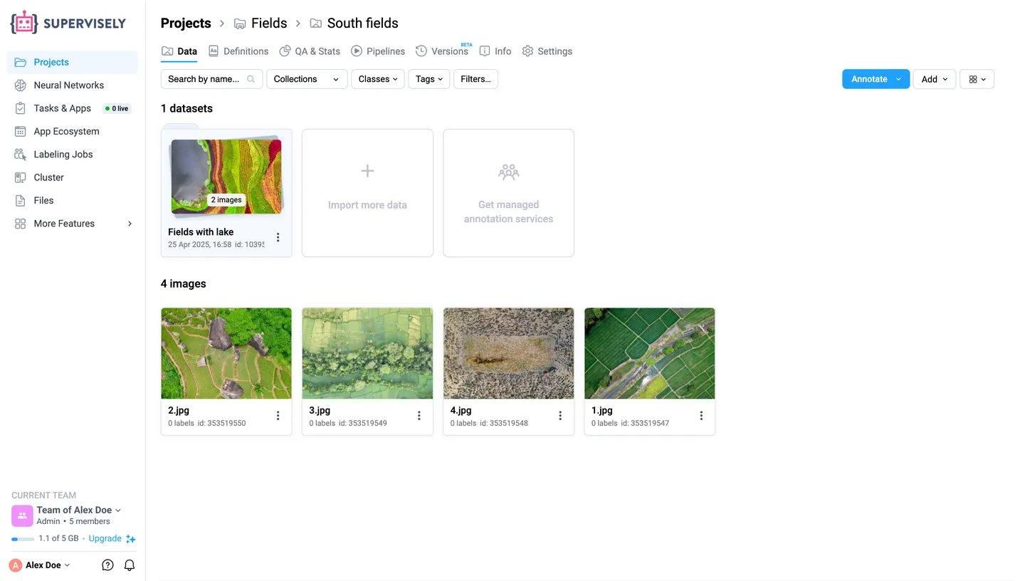 A dataset in the Supervisely Data tab: a nested sub-dataset as a folder card above the dataset’s own images