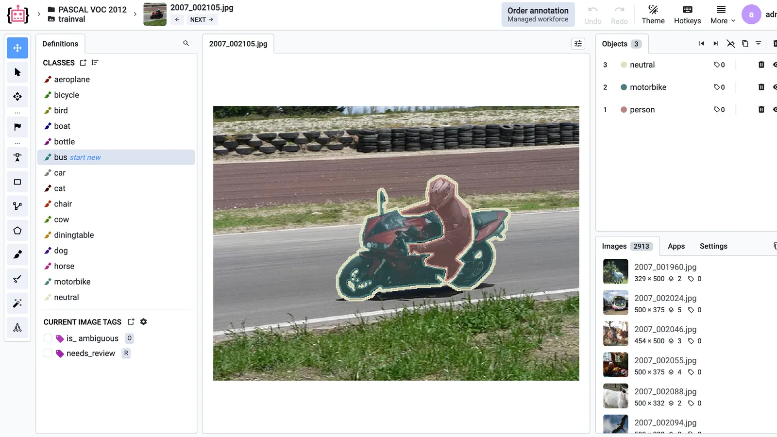 The image labeling toolbox with the Definitions panel: Pascal VOC classes, image tags with hotkeys, and a motorbike and its rider segmented with masks