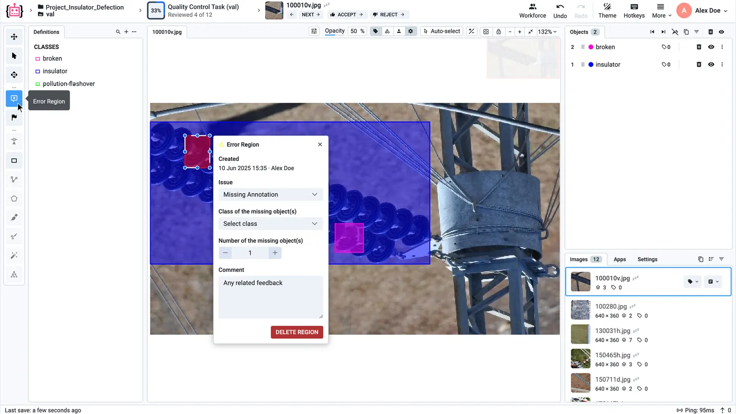 An Error Region in a Supervisely Quality Control task marks a missing annotation on an insulator image, with fields for the issue, the missing class, the number of missing objects and a comment