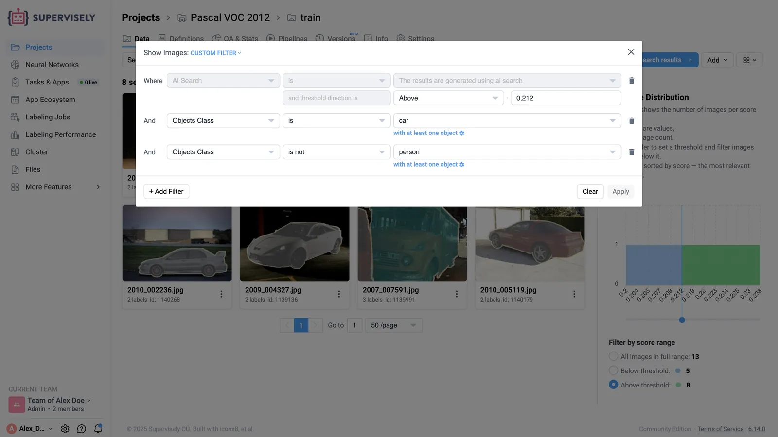 Custom filter in a Supervisely image project: AI Search results above a score threshold that contain at least one car and no person