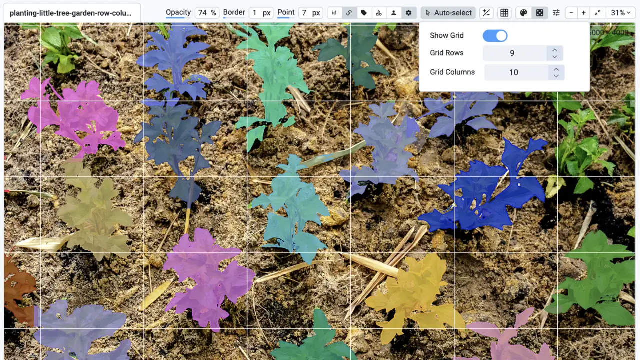 Seedlings in a high-resolution field photo, each segmented with a mask, under a navigation grid of 9 rows and 10 columns
