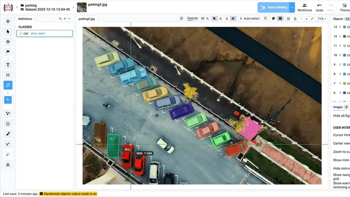 The Supervisely image labeling toolbox: cars in an aerial photo of a parking lot, each in a rotated bounding box, next to the class list and the list of objects