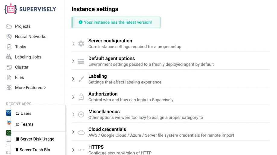 Instance settings of a self-hosted Supervisely instance with the Authorization, Cloud credentials and HTTPS sections, and the admin menu with Users and Teams