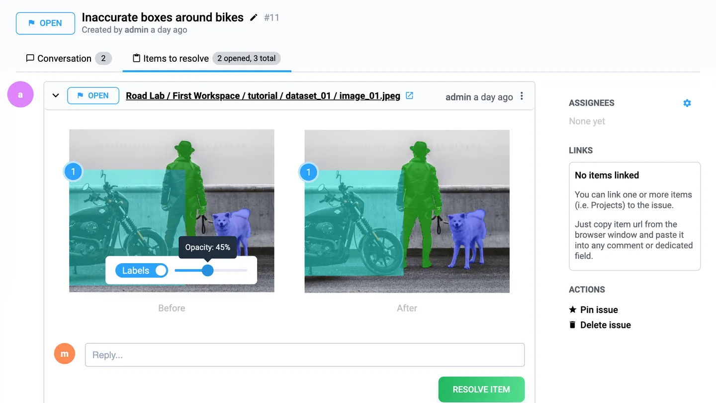 An open issue about inaccurate boxes around bikes in Supervisely: an image's labels before and after the fix, side by side, with Reply and Resolve item