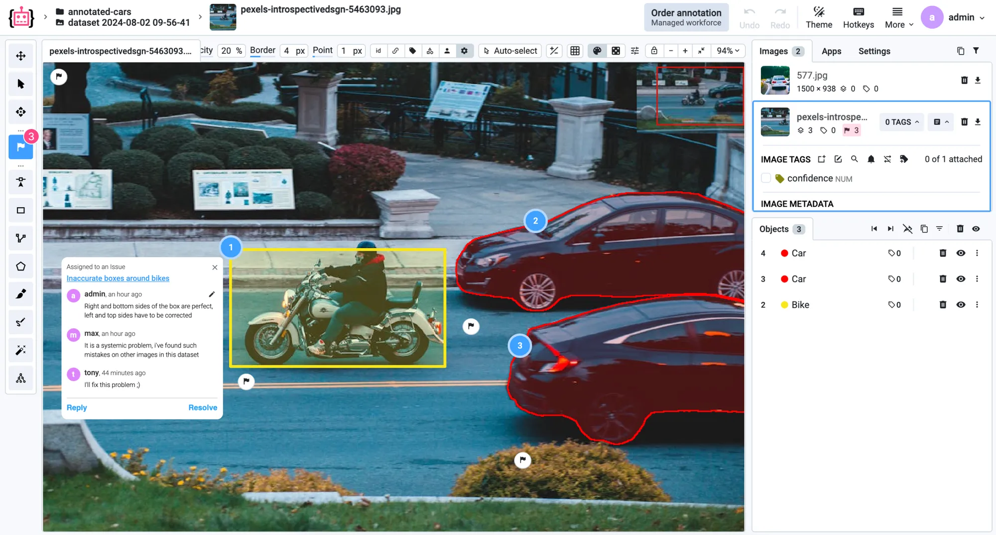 An issue in the Supervisely image labeling toolbox: a thread of three comments with Reply and Resolve buttons, pinned to a bounding box around a motorcycle