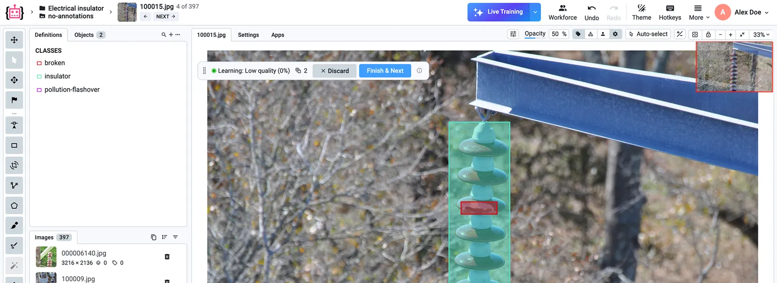 Live Training in the Supervisely image labeling tool: the model’s boxes on an electrical insulator, with the Learning panel and the Discard and Finish & Next buttons