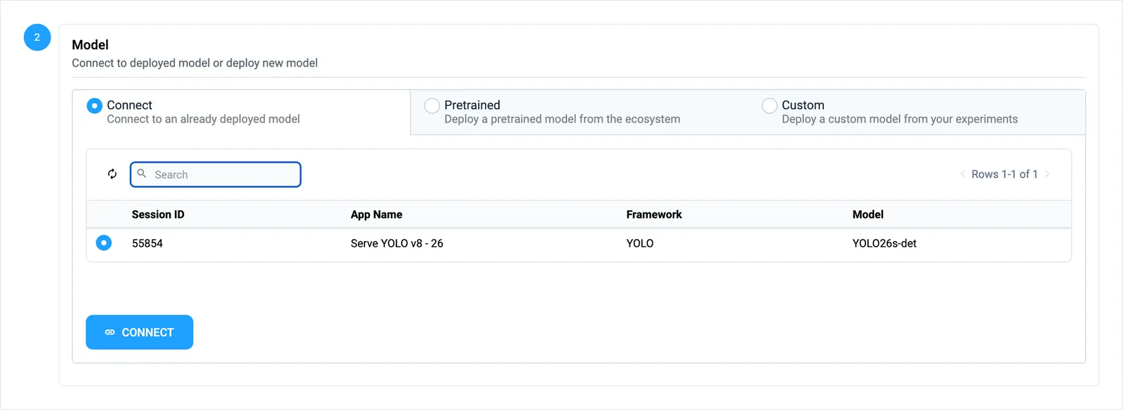 The model step of the Predict App: connect to a running model, deploy a pretrained one or deploy a custom model from your experiments