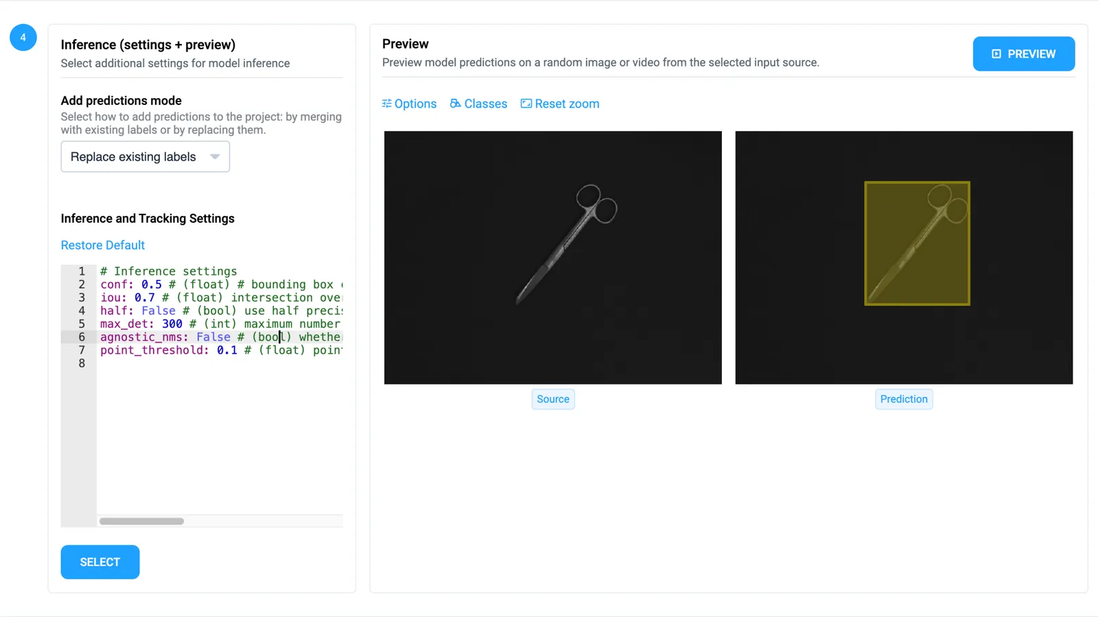 The inference step of the Predict App in Supervisely: the mode for adding predictions, the inference settings and a preview with a detected surgical instrument next to the source image