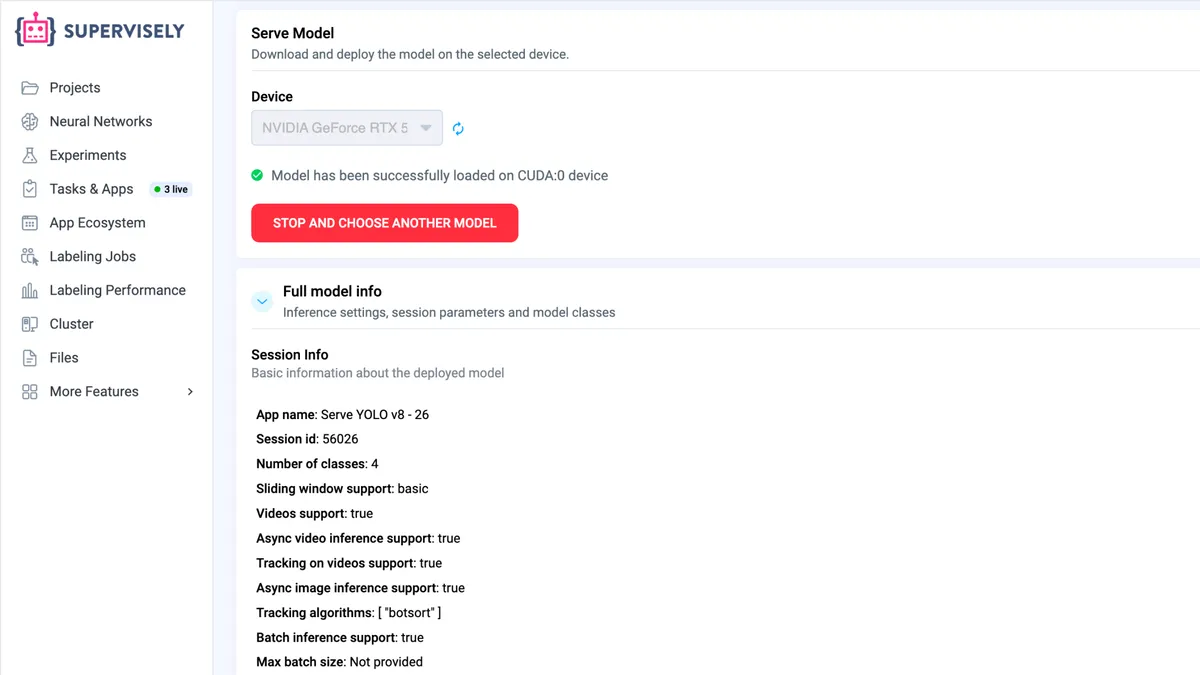 Serve YOLO v8 - 26 in Supervisely with a model loaded on a CUDA device, and the session info: object detection, video support and tracking with BoT-SORT