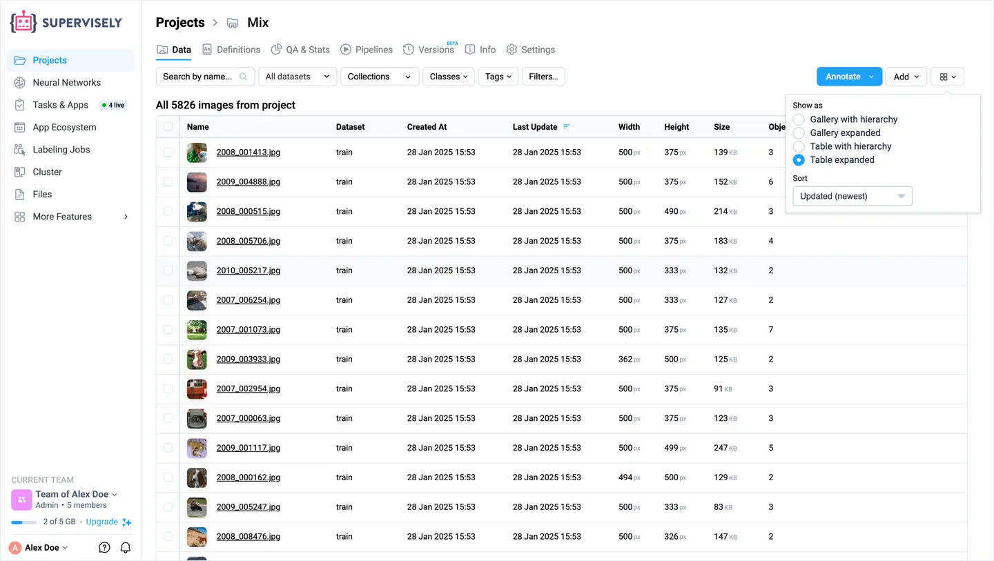 The Table expanded view of a Supervisely project, with columns for dataset, dates, width, height, size and objects, and the Show as menu open