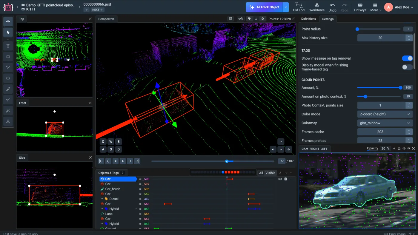 The Supervisely 3D point cloud labeling tool with a selected car cuboid in the Perspective view and the same cuboid in the Top, Front and Side views
